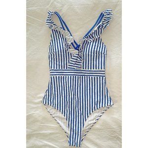Cupshe Women's V Neck Ruffle Criss Cross Back 1 Piece Swimsuit White/Blue Stripe
